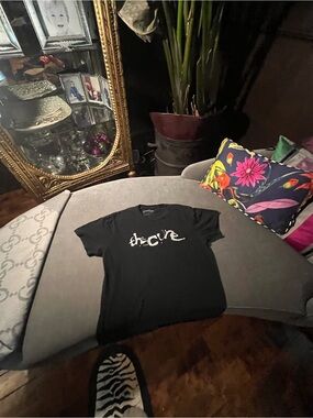 The Cure Black Crewneck Tee with White Tag Print